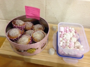 Jam filled muffins next to marshmallow stash on Monday night